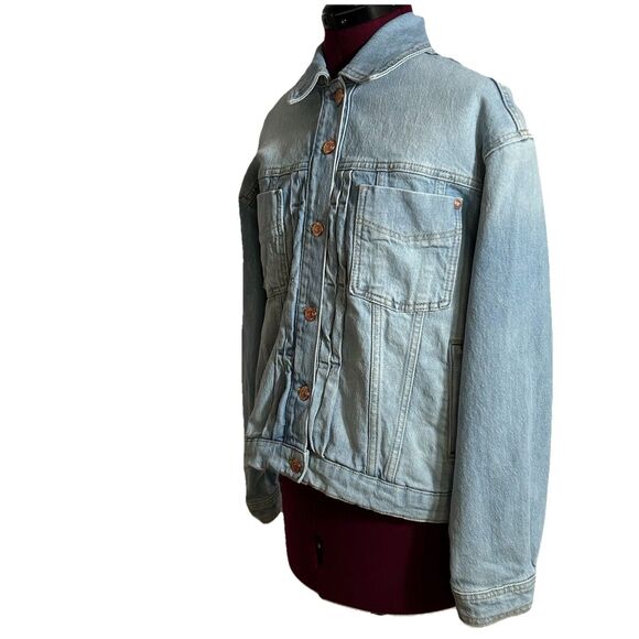 Anthropologie Pilcro Pleated Front Denim Jacket  Sz. XS Light Wash Back Buckle - Picture 5 of 16